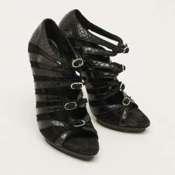 Pre Owned Balenciaga Size 37.5 Black Python Leather Suede Strappy Sandals