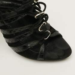 Pre Owned Balenciaga Size 37.5 Black Python Leather Suede Strappy Sandals