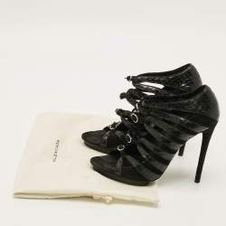 Pre Owned Balenciaga Size 37.5 Black Python Leather Suede Strappy Sandals