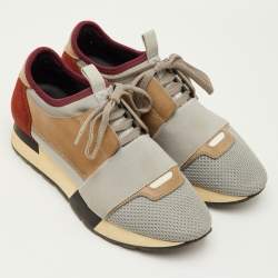 Pre Owned Balenciaga Race Runner Size 36 Grey/Maroon Leather, Mesh and Neoprene Lace Up Sneakers