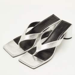 Pre Owned Balenciaga Double Square Size 40 Silver Metallic Leather Thong Sandals