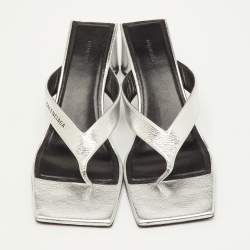 Pre Owned Balenciaga Double Square Size 40 Silver Metallic Leather Thong Sandals