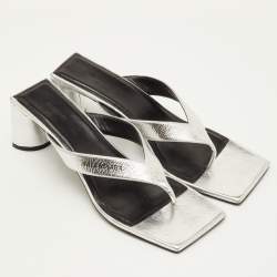 Pre Owned Balenciaga Double Square Size 40 Silver Metallic Leather Thong Sandals