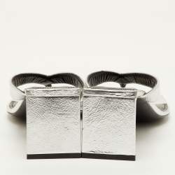 Pre Owned Balenciaga Double Square Size 40 Silver Metallic Leather Thong Sandals