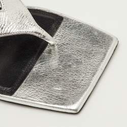 Pre Owned Balenciaga Double Square Size 40 Silver Metallic Leather Thong Sandals