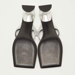 Pre Owned Balenciaga Double Square Size 40 Silver Metallic Leather Thong Sandals