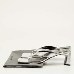 Pre Owned Balenciaga Double Square Size 40 Silver Metallic Leather Thong Sandals