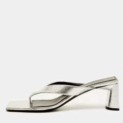 Pre Owned Balenciaga Double Square Size 40 Silver Metallic Leather Thong Sandals