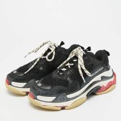 Pre Owned Balenciaga Triple S Size 38 Black Mesh and Nubuck Leather Low Top Sneakers