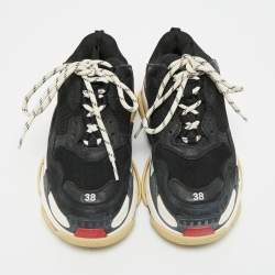 Pre Owned Balenciaga Triple S Size 38 Black Mesh and Nubuck Leather Low Top Sneakers