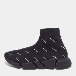 Pre Owned Balenciaga speed 2.0 Size 38 Black Knit Fabric Logo Print High Top Sneakers