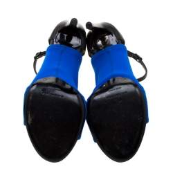 Pre Owned  Balenciaga Blue Fabric And Black Leather Neoprone Peep-Toe Ankle Strap Pumps Size 39.5