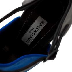 Pre Owned  Balenciaga Blue Fabric And Black Leather Neoprone Peep-Toe Ankle Strap Pumps Size 39.5