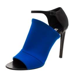 Pre Owned  Balenciaga Blue Fabric And Black Leather Neoprone Peep-Toe Ankle Strap Pumps Size 39.5