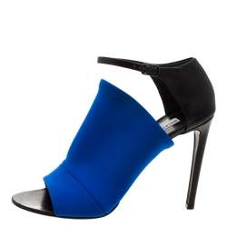 Pre Owned  Balenciaga Blue Fabric And Black Leather Neoprone Peep-Toe Ankle Strap Pumps Size 39.5