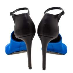 Pre Owned  Balenciaga Blue Fabric And Black Leather Neoprone Peep-Toe Ankle Strap Pumps Size 39.5