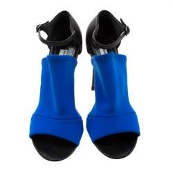 Pre Owned  Balenciaga Blue Fabric And Black Leather Neoprone Peep-Toe Ankle Strap Pumps Size 39.5
