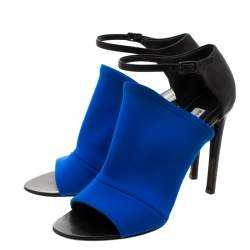 Pre Owned  Balenciaga Blue Fabric And Black Leather Neoprone Peep-Toe Ankle Strap Pumps Size 39.5