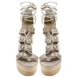 مملوكة مسبقًا صندل بالنسياغا جلد أبيض إسبادريل برباط كعب روكي بحزام للكاحل مقاس 38