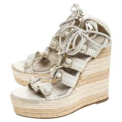 مملوكة مسبقًا صندل بالنسياغا جلد أبيض إسبادريل برباط كعب روكي بحزام للكاحل مقاس 38