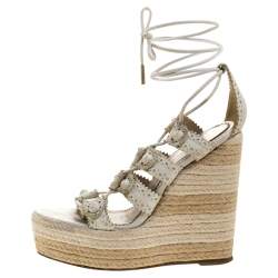 مملوكة مسبقًا صندل بالنسياغا جلد أبيض إسبادريل برباط كعب روكي بحزام للكاحل مقاس 38