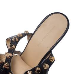 Pre Owned Balenciaga Black Leather Arena Studded Gladiator Wedge Sandals Size 38.5