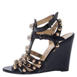Pre Owned Balenciaga Black Leather Arena Studded Gladiator Wedge Sandals Size 38.5
