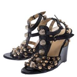 Pre Owned Balenciaga Black Leather Arena Studded Gladiator Wedge Sandals Size 38.5