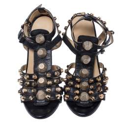 Pre Owned Balenciaga Black Leather Arena Studded Gladiator Wedge Sandals Size 38.5