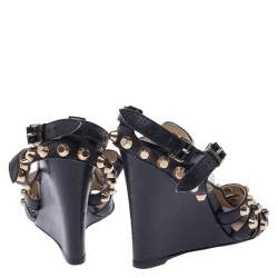 Pre Owned Balenciaga Black Leather Arena Studded Gladiator Wedge Sandals Size 38.5