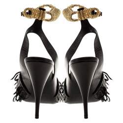 مملوكة مسبقًا Balenciaga Black Fringe Leather Chain Ankle Strap Sandals Size 41