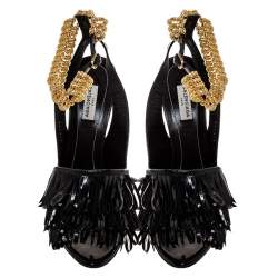 مملوكة مسبقًا Balenciaga Black Fringe Leather Chain Ankle Strap Sandals Size 41
