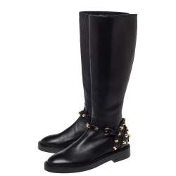 Pre Owned حذاء بوت فوق الركبة بالنسياغا كلاسيك جلد أسود مرصع مقاس 36