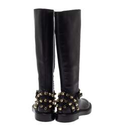 Pre Owned حذاء بوت فوق الركبة بالنسياغا كلاسيك جلد أسود مرصع مقاس 36