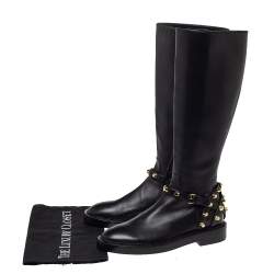 Pre Owned حذاء بوت فوق الركبة بالنسياغا كلاسيك جلد أسود مرصع مقاس 36