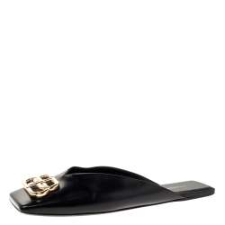 Pre Owned حذاء مولز بالنسياغا بى بى فلات مربع مزدوج جلد أسود مقاس 38