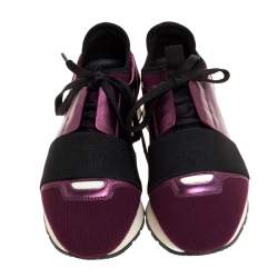 Pre Owned Balenciaga Purple/Black Leather and Fabric Race Runner Sneakers Size 36