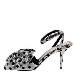 Pre Owned Balenciaga Silver Polka Dot Lamé Fabric Square Knife Bow Ankle Strap Sandal Size 37
