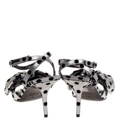 Pre Owned Balenciaga Silver Polka Dot Lamé Fabric Square Knife Bow Ankle Strap Sandal Size 37