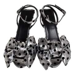 Pre Owned Balenciaga Silver Polka Dot Lamé Fabric Square Knife Bow Ankle Strap Sandal Size 37