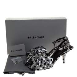 Pre Owned Balenciaga Silver Polka Dot Lamé Fabric Square Knife Bow Ankle Strap Sandal Size 37