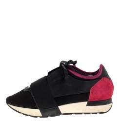 Pre Owned Balenciaga Black/Pink Leather And Mesh Race Runner Low Top Sneakers Size 37