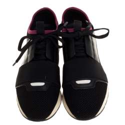 Pre Owned Balenciaga Black/Pink Leather And Mesh Race Runner Low Top Sneakers Size 37