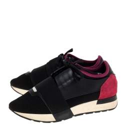 Pre Owned Balenciaga Black/Pink Leather And Mesh Race Runner Low Top Sneakers Size 37