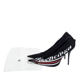 Balenciaga Black Logo Printed Draped Jersey And Leather Knife Pointed Toe Pumps Size 41