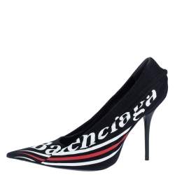 Balenciaga Black Logo Printed Draped Jersey And Leather Knife Pointed Toe Pumps Size 41