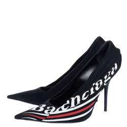 Balenciaga Black Logo Printed Draped Jersey And Leather Knife Pointed Toe Pumps Size 41