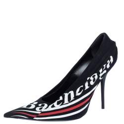 Balenciaga Black Logo Printed Draped Jersey And Leather Knife Pointed Toe Pumps Size 41