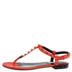 Pre Owned Balenciaga Orange Leather Arena Studded Strappy Flat Thong Sandals Size 39