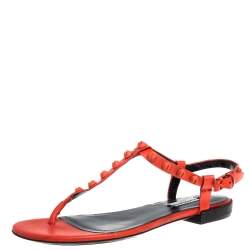 Pre Owned Balenciaga Orange Leather Arena Studded Strappy Flat Thong Sandals Size 39